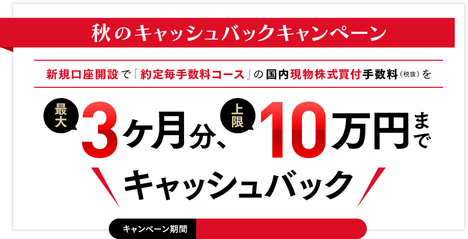 秋のキャッシュバックキャンペーン
新規口座開設で「約定毎手数料コース」の国内現物株式買付手数料（税抜）を 最大3ヶ月分。上限10万円までキャッシュバック。